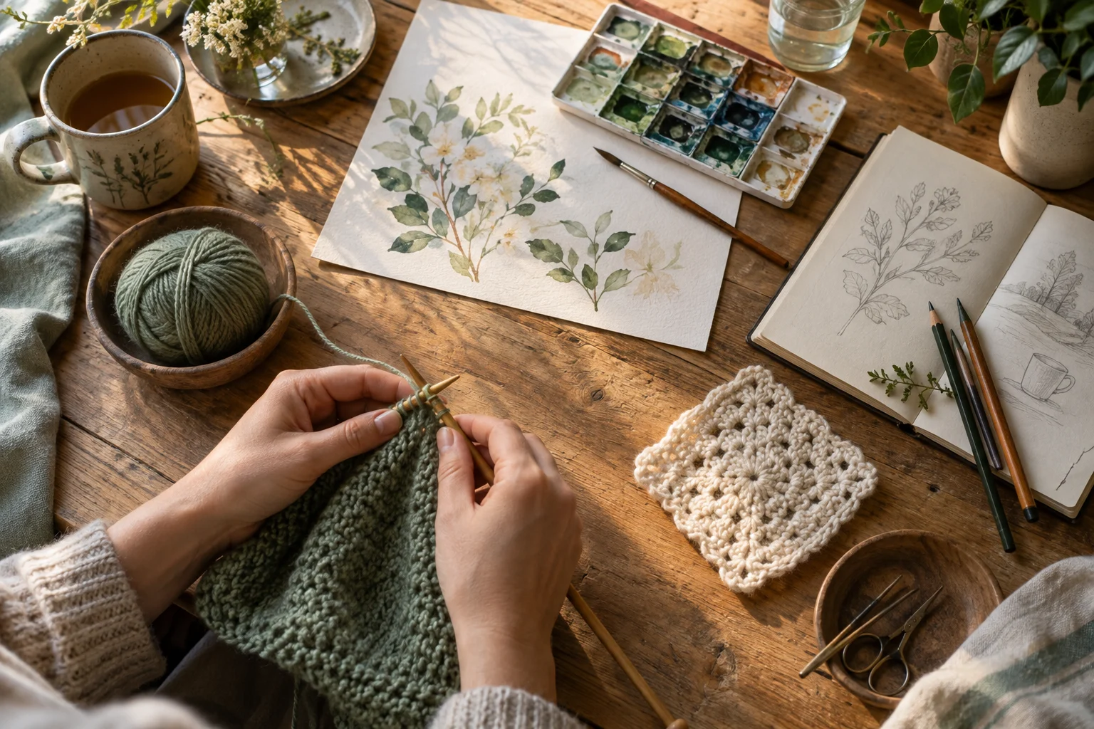 A creative workbench with knitting, crochet, watercolours and a drawing sketchbook
