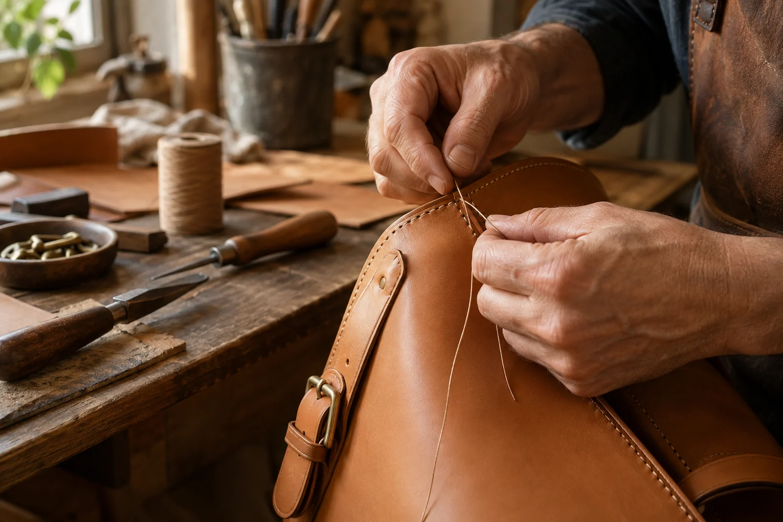 Hands saddle-stitching tan leather on a workbench