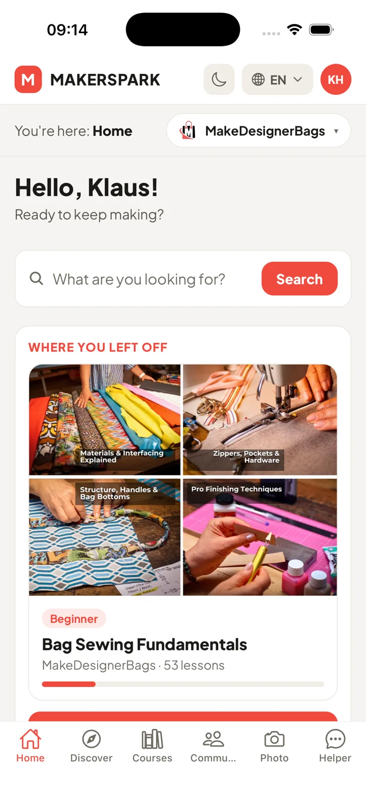 Real MakerSpark app home with courses and continue learning