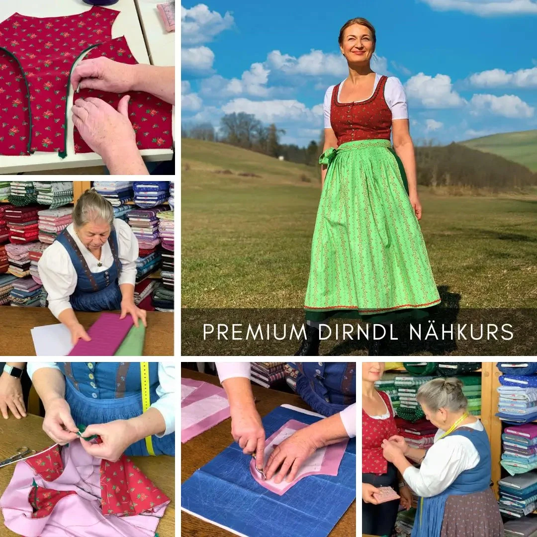 Finished red and green Dirndl and sewing details from the Rosmarie Henke course