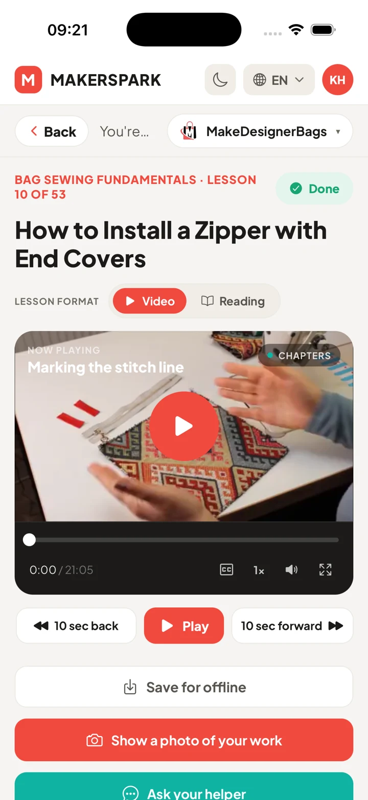 The MakerSpark lesson player in English